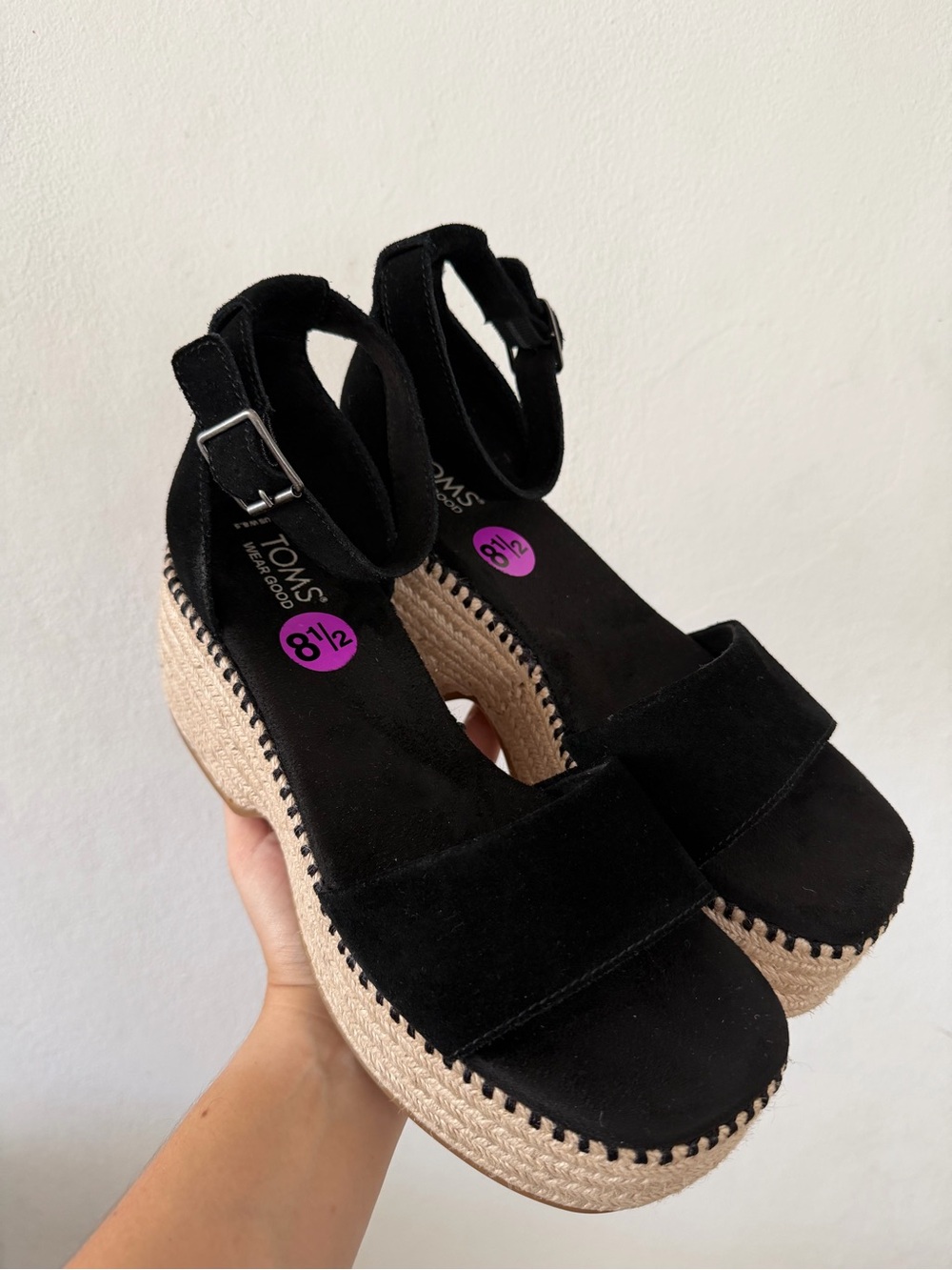TOMS Black Suede Platform Espadrille Sandals with Ankle Strap
